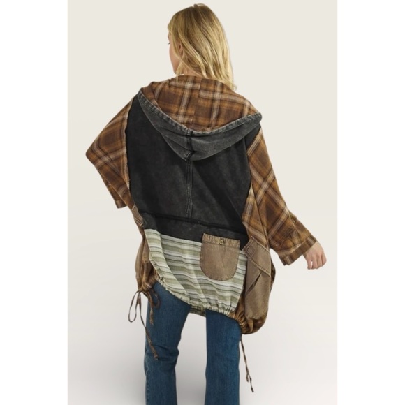 Oli & Hali Black Washed Plaid Half Zip Hoodie | Mixed Media Pullover - Picture 5 of 7